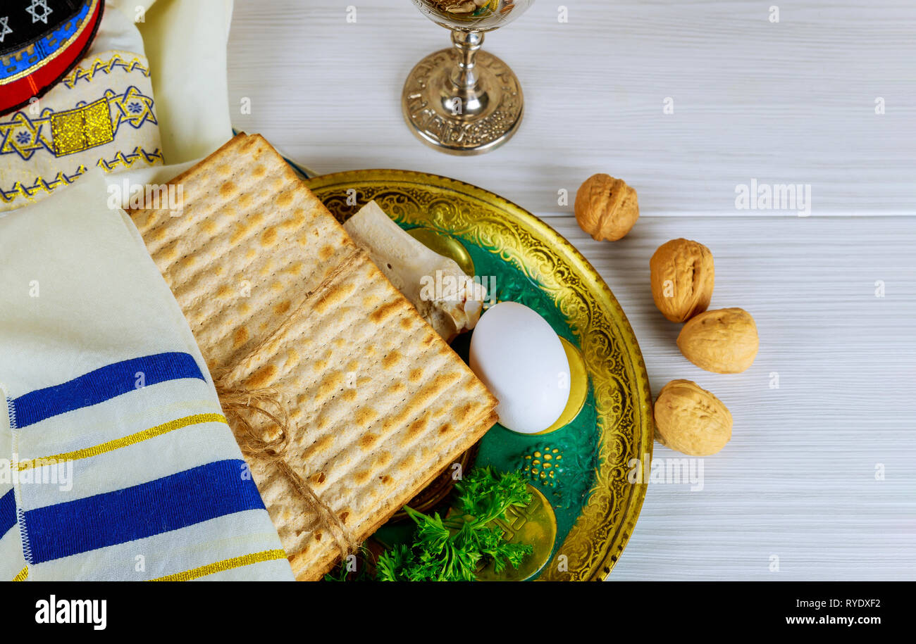 Table ready for traditional seder plate ritual the Jewish holiday of