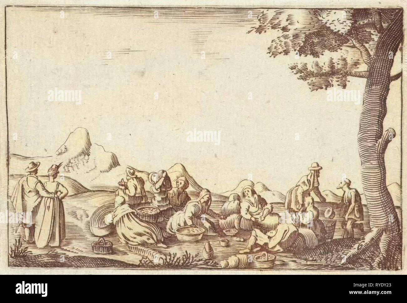 Men and women sit in a landscape with some baskets, They eat and drink, Left a couple right beside the tree a beggar, print maker: Monogrammist MW (graveur) (mentioned on object), Dating 1600 - 1700 Stock Photo