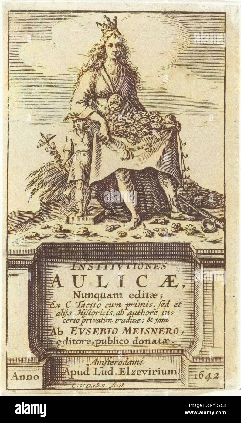 Abundance with lap full of flowers and wheat sheaf and image of Mercury, Cornelis van Dalen (I), Lowijs Elzevier (III), 1642 Stock Photo