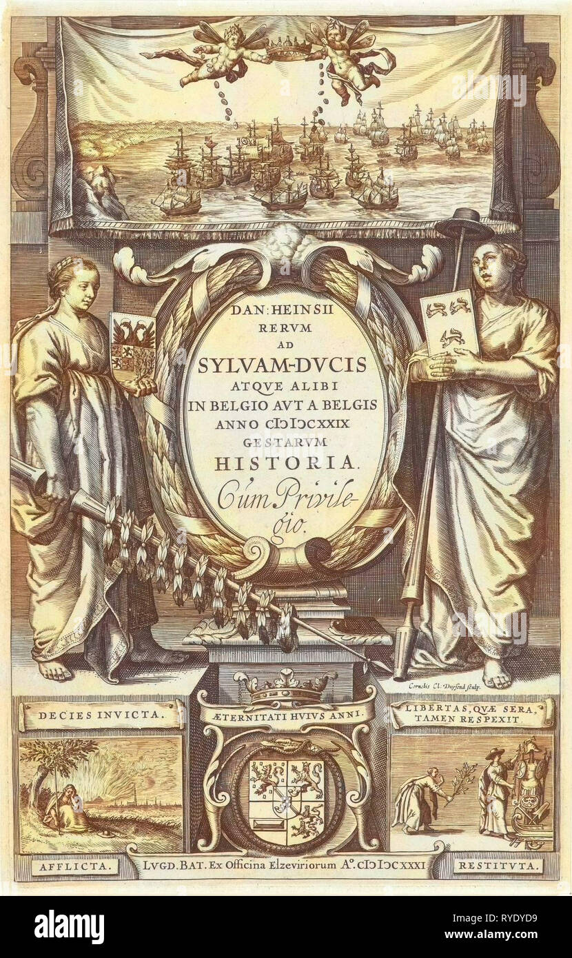 Title page for D. Heinsius Rervm ad Sylvam-Dvcis atqve alibi in Belgio avt a Belgis anno M DCXXIX gestarvm historia. 1631, Cornelis Claesz. Duysend, Lowijs Elzevier, unknown, 1631 Stock Photo