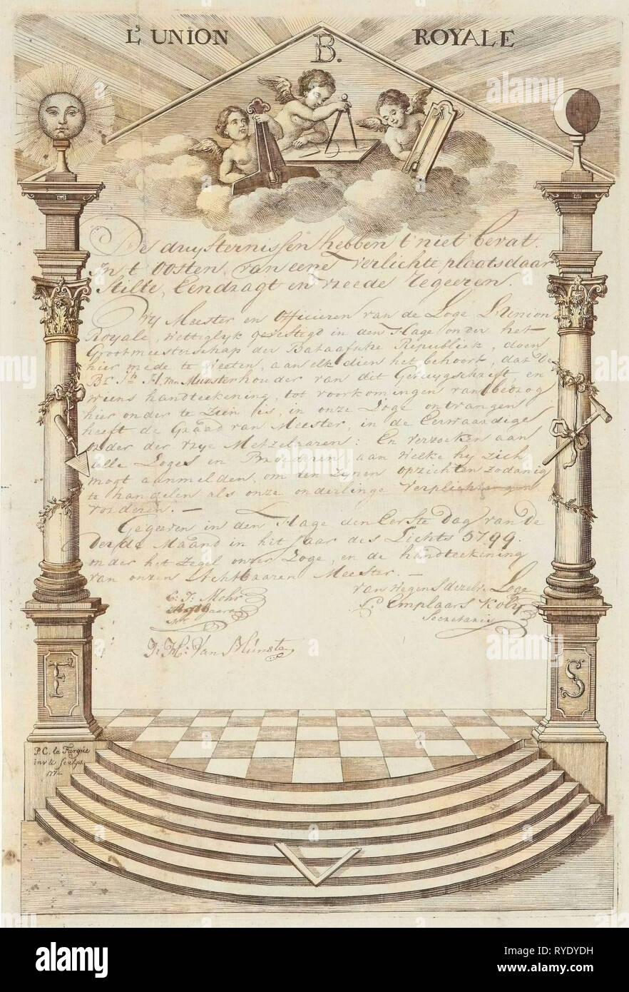 Diploma of the Masonic Lodge 'l'Union Royale' in The Hague, The Netherlands, Paulus Constantijn la Fargue, 1774 Stock Photo