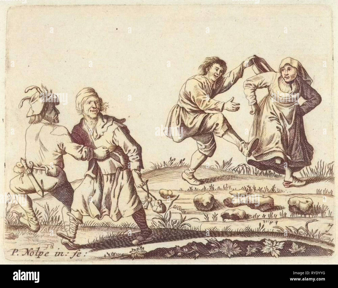 Two pairs of farmers dancing, Anonymous, Pieter Jansz. Quast, 1623 - 1703 Stock Photo