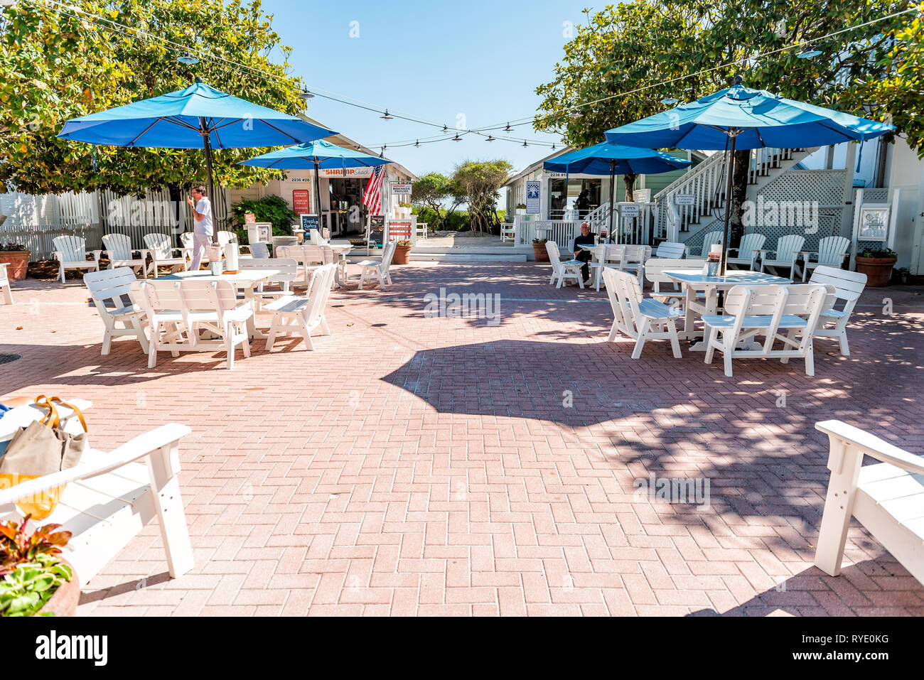 Seaside, USA - April 25, 2018: Park empty square center in historic city town beach village during sunny day in Florida panhandle gulf of mexico urban Stock Photo