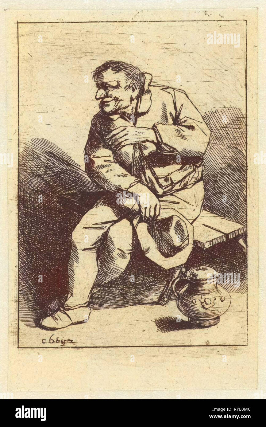 Seated man with hat in hand, jug on the floor, Cornelis Pietersz. Bega, 1642 - 1664 Stock Photo