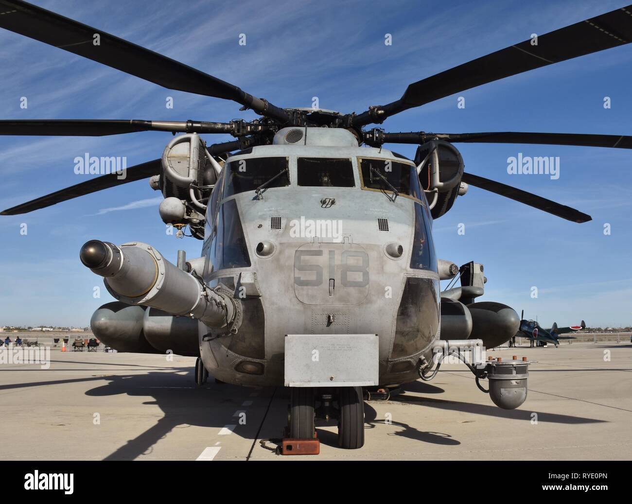 A Marine Corps Sikorsky CH-53E Super Stallion on the runway at MCAS Yuma. Stock Photo