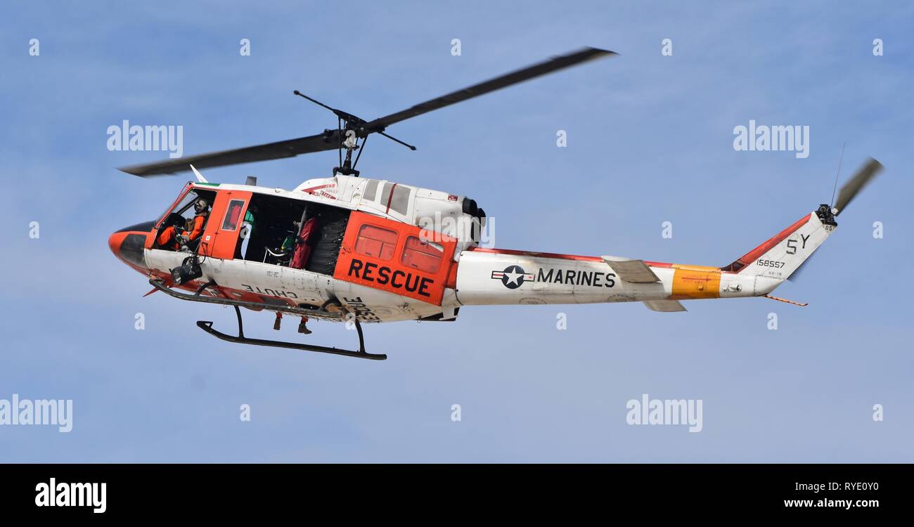 A Marine Corps UH-1N Iroquois, better known as the 'Huey', used for search and rescue missions. Stock Photo