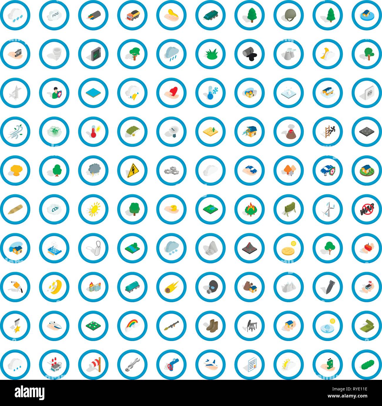 100 fire icons set, isometric 3d style Stock Vector