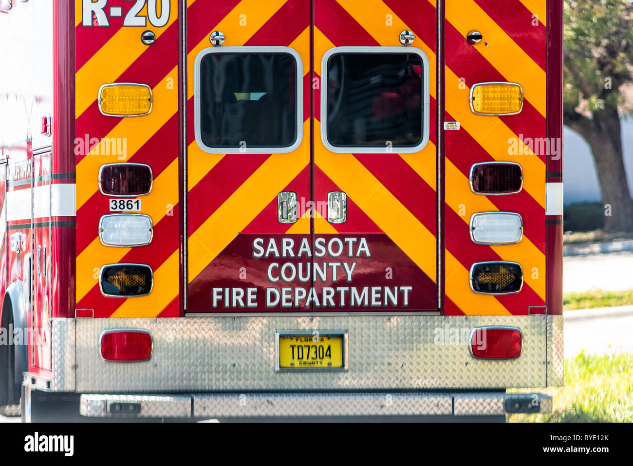 Sarasota Usa April 28 2018 Truck Vehicle Firetruck With Yellow