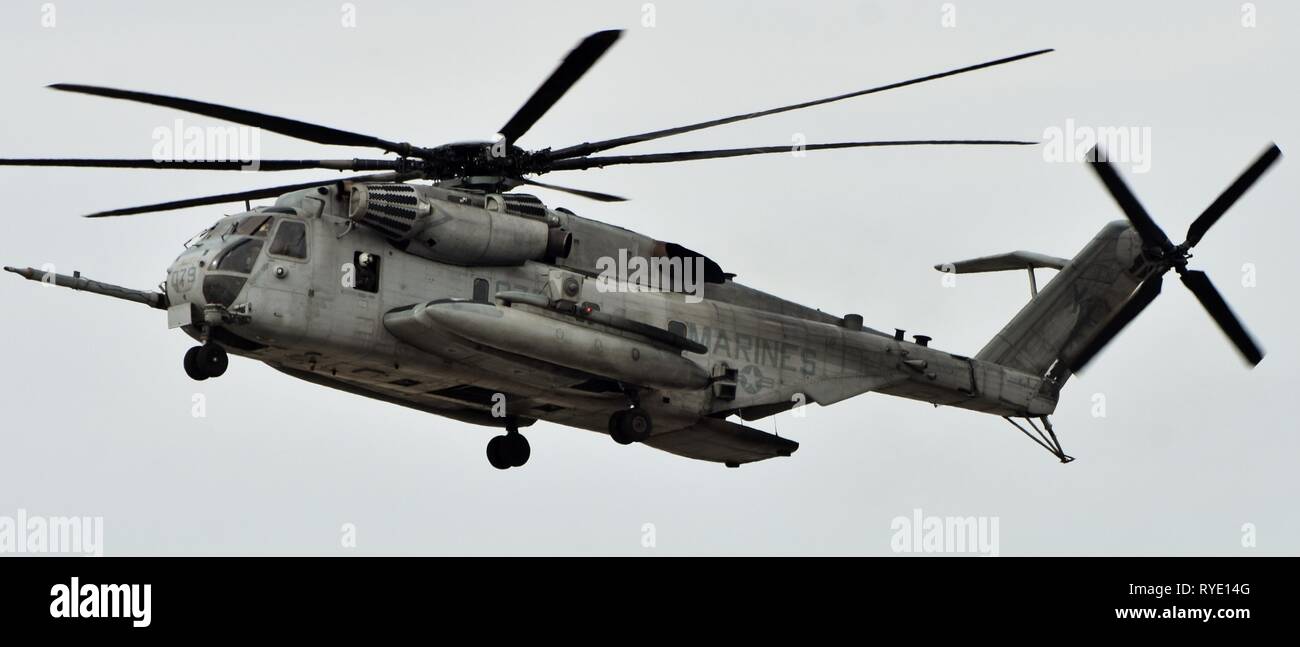 A Marine Corps Sikorsky CH-53E Super Stallion flying at MCAS Yuma. Stock Photo