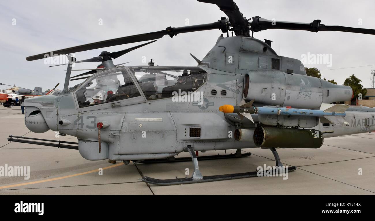 A U.S. Marine Corps AH-1Z Viper attack helicopter at MCAS Yuma. This AH-1Z Viper belongs to the VMX-1 squadron. Stock Photo