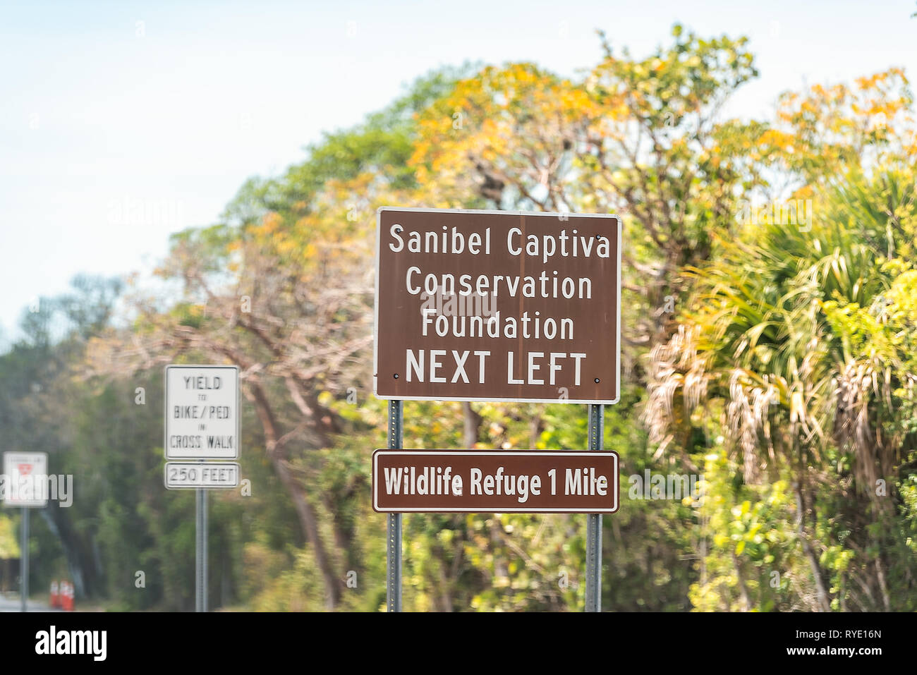 Sanibel Island, USA - April 29, 2018: Captiva Conservation Foundation sign and national wildlife refuge park by beach and road in Fort Myers, Florida  Stock Photo