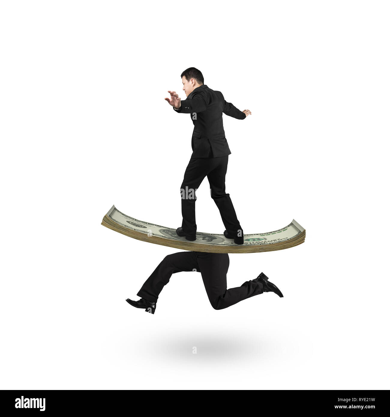 Man balancing on running money with human legs, isolated on white background. Stock Photo