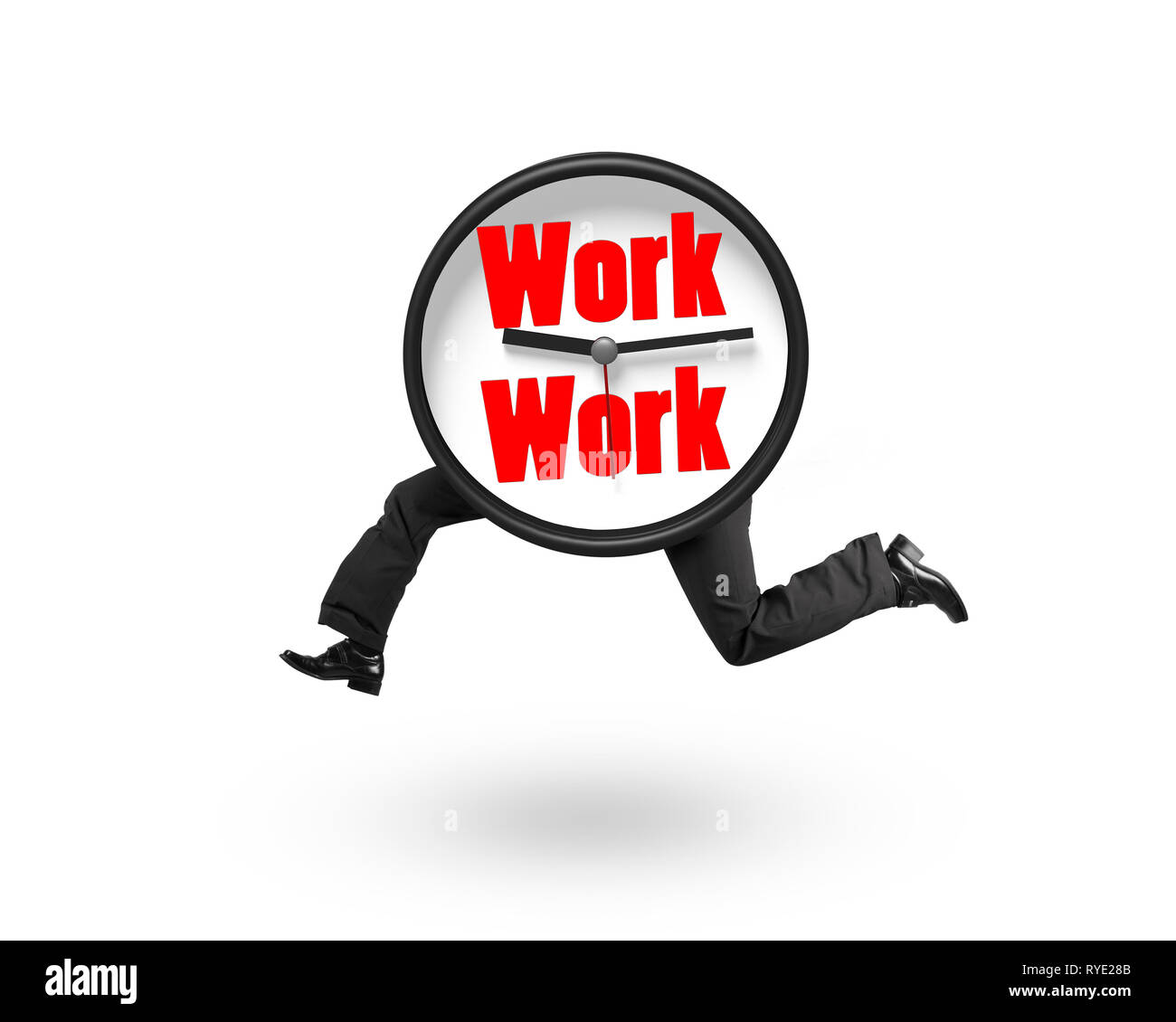 Clock with human legs running and work words on clock face, isolated on