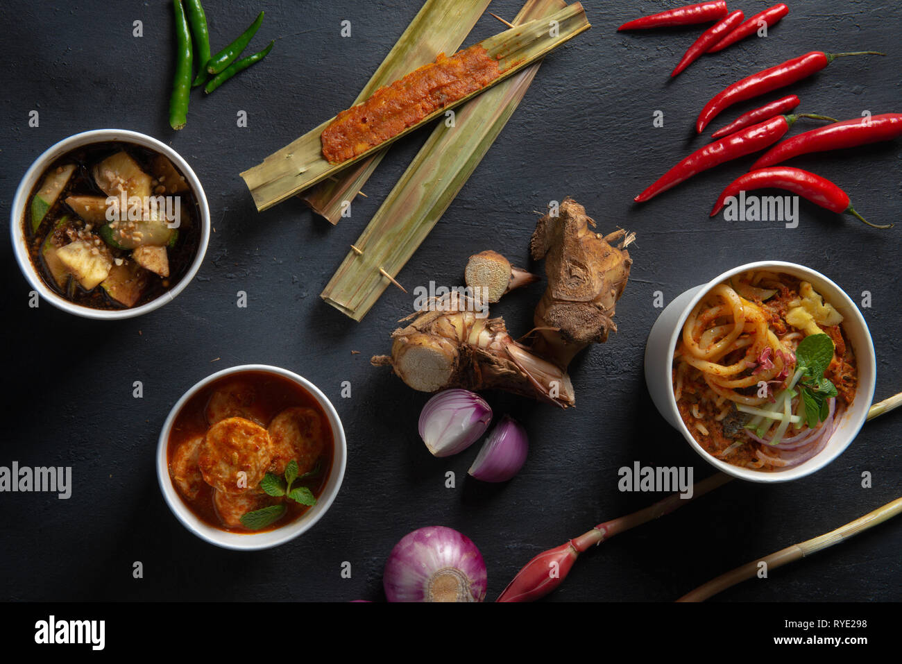 various malaysian foods asam laksa , rojak dan tofu Stock Photo