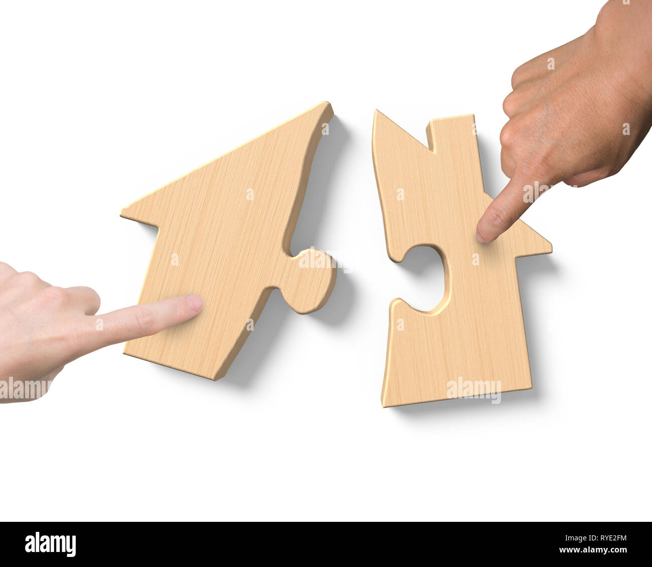 Man and woman two hands assembling wooden house shape puzzles, high angle view, isolated on white background. Stock Photo