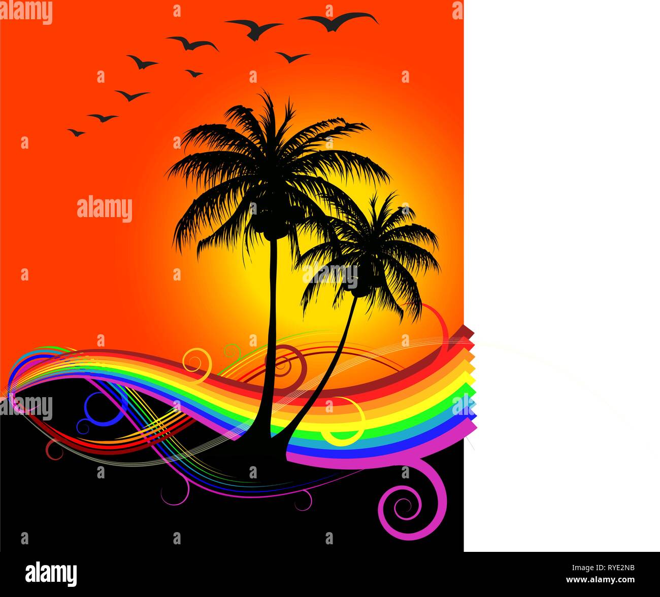 Abstract sunset on the beach with rainbow and birds Stock Vector Image ...