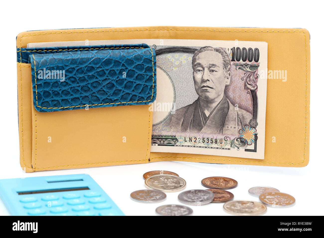 Leather wallet and ten thousand japanese yen on white background Stock Photo Alamy