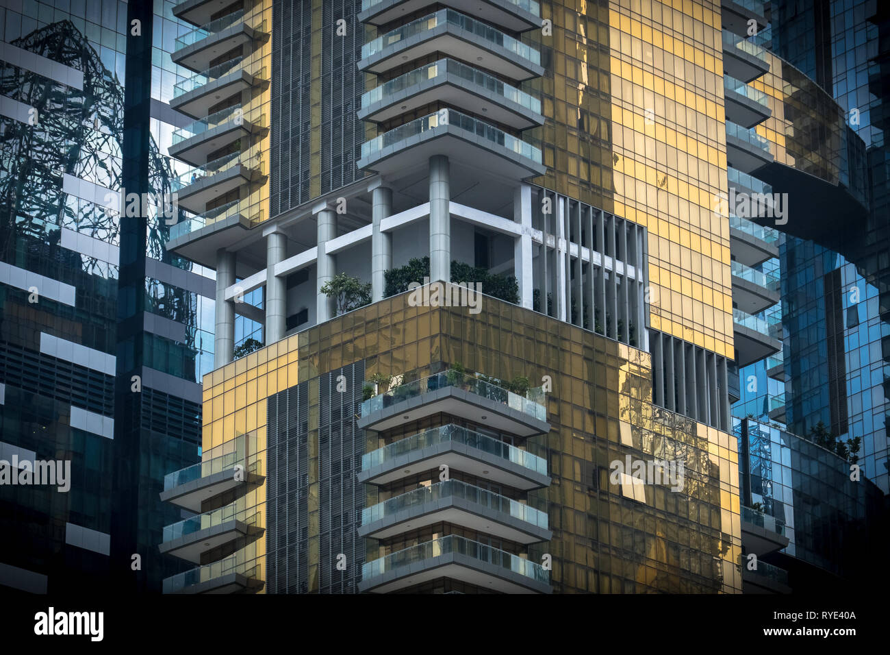Modern reflective gold building architecture - closeup detail - Singapore Stock Photo