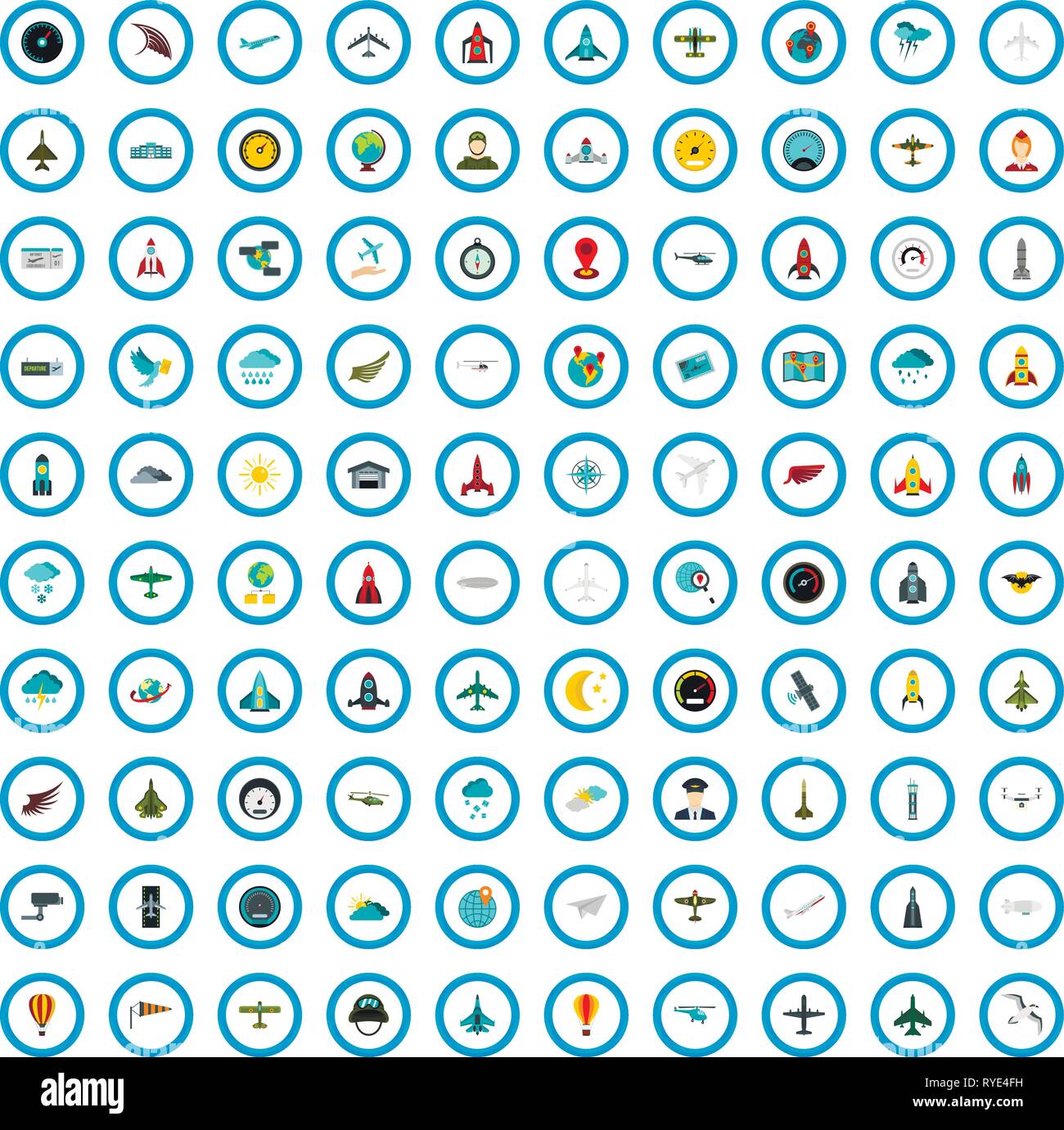 100 flight icons set, flat style Stock Vector