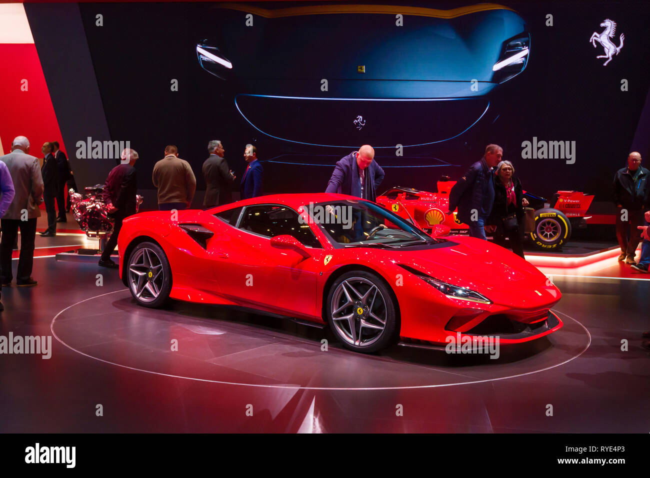 Geneva / Switzerland - march 9 2019 : Geneva International Motor Show, new Ferrari F8 Tributo Stock Photo