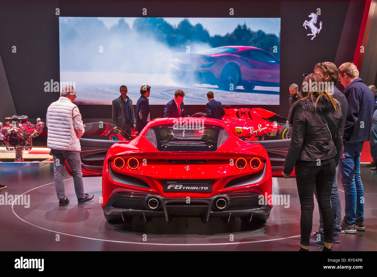 Geneva / Switzerland - march 9 2019 : Geneva International Motor Show, new Ferrari F8 Tributo Stock Photo