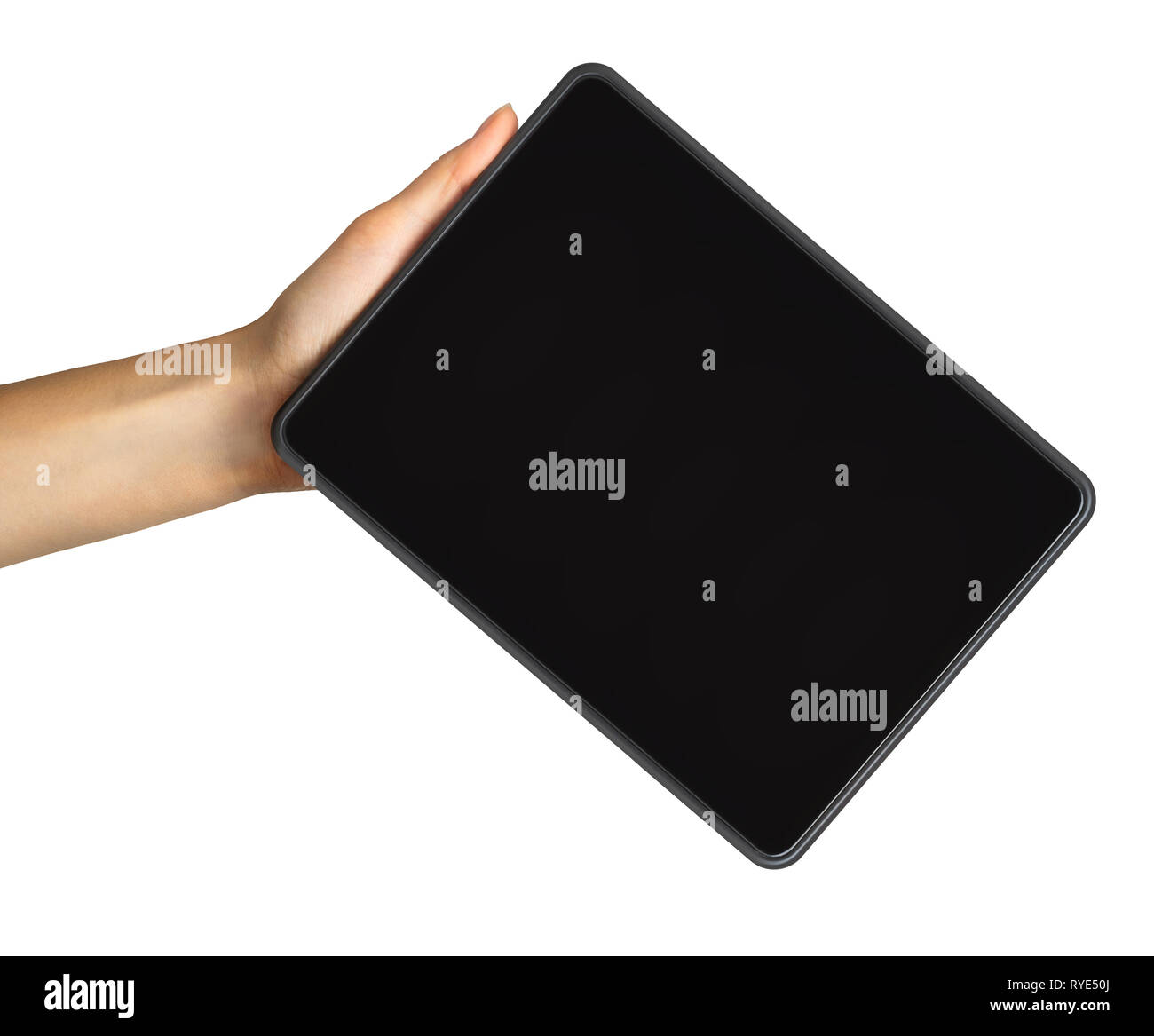 Women's hand showing black tablet, concept of taking photo or playing ...