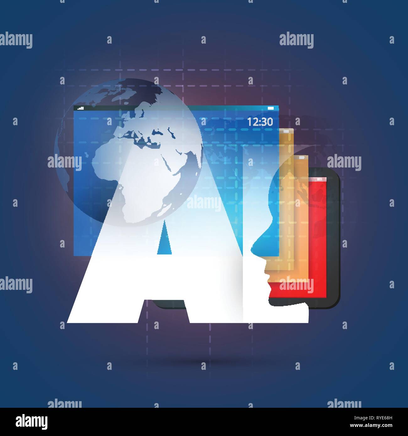 Machine Learning, Artificial Intelligence, Cloud Computing and Networks Design Concept with Earth Globe, User Interface Layers and AI Label Stock Vector