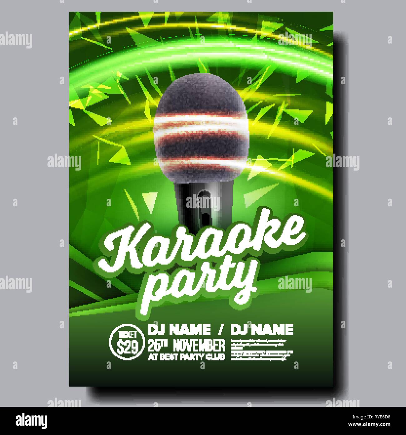 Karaoke Poster Vector. Disco Banner. Karaoke Voice Equipment. Sing Song
