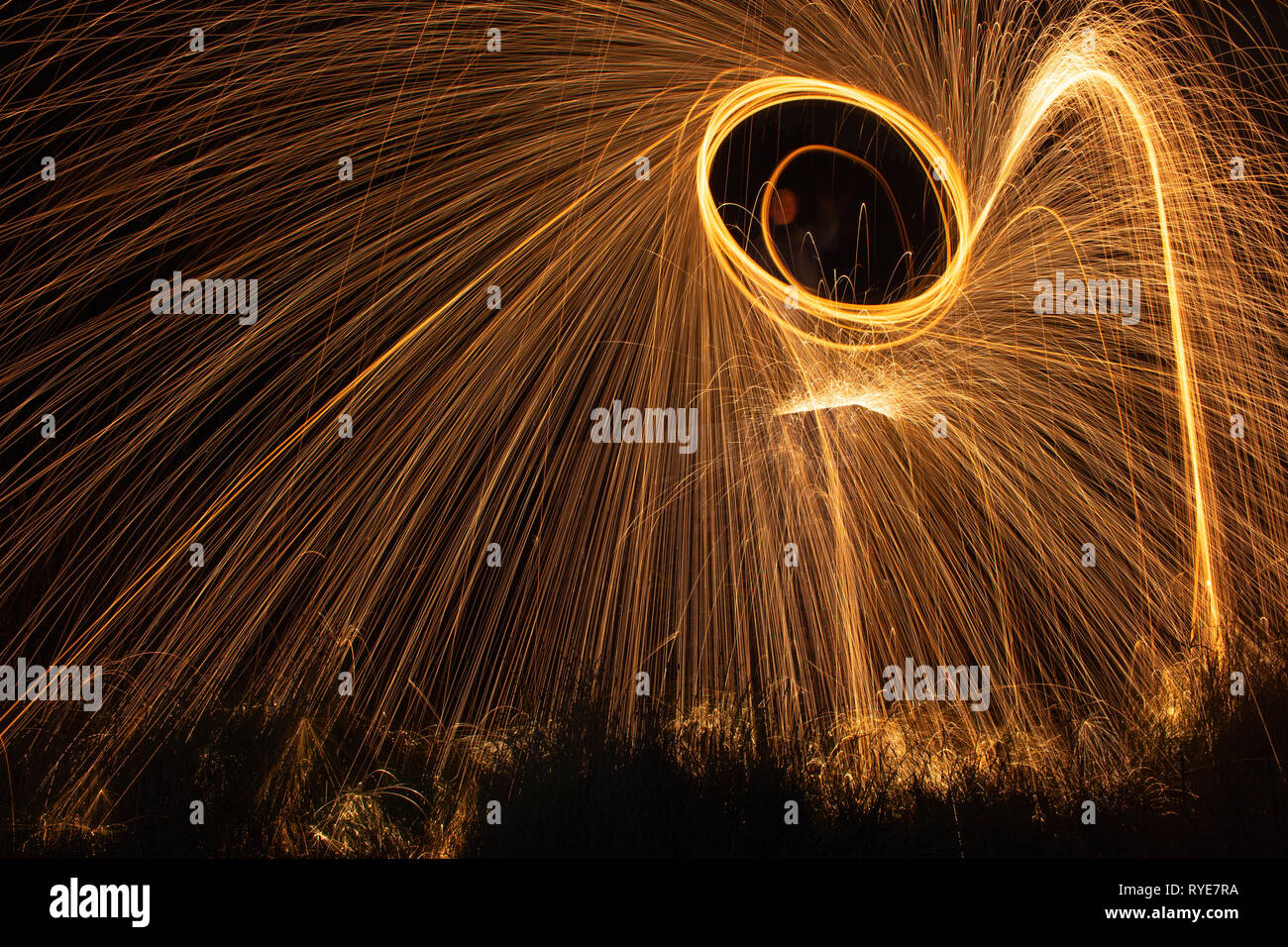 Long Expossure of wire wool on a pill box Stock Photo
