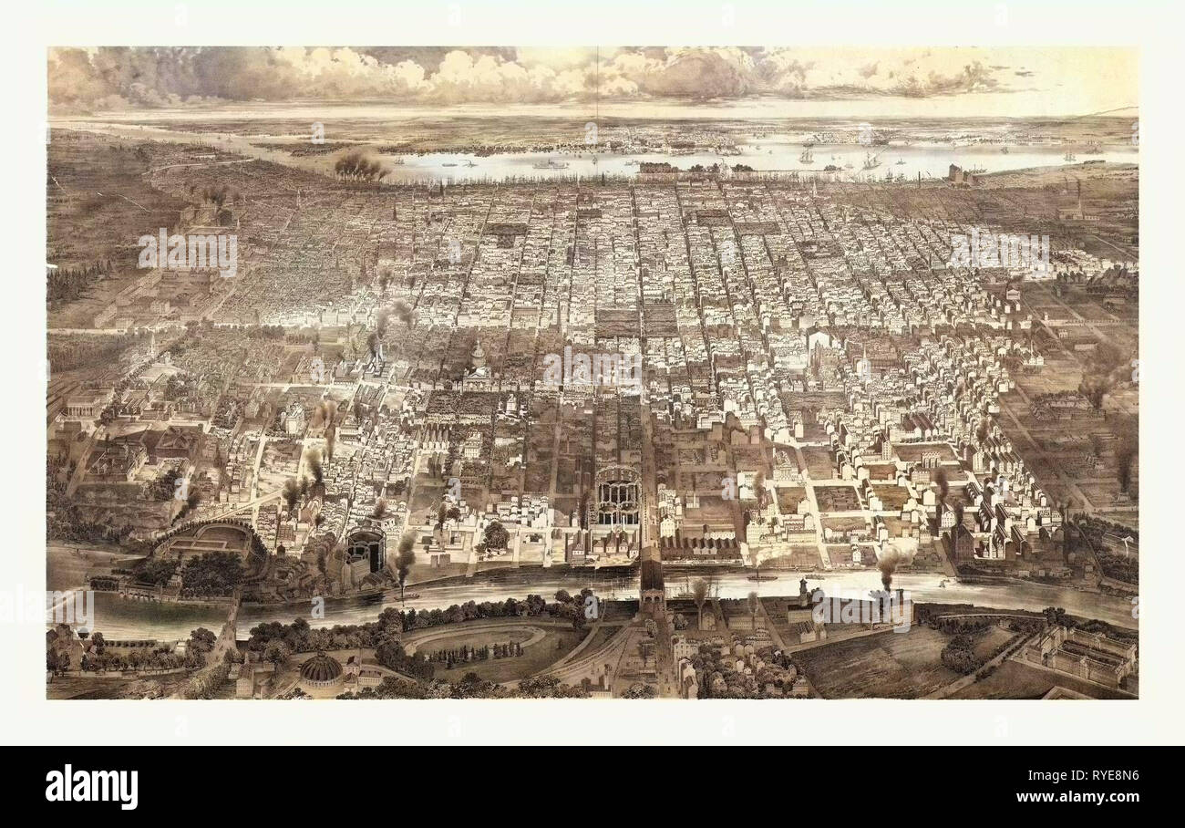 Bird's Eye View of Philadelphia, Circa 1857, US, USA, America. Weik, John (b. ca. 1827-ca. 1890), publisher. John Weik, born ca. 1827 in Württemberg, Germany, worked as a book seller, stationer, and print publisher in Philadelphia ca. 1851-ca. 1872. Weik immigrated to Philadelphia in 1850 and soon after started the naturalization process and entered the city's publishing industry, including lithographs Stock Photo