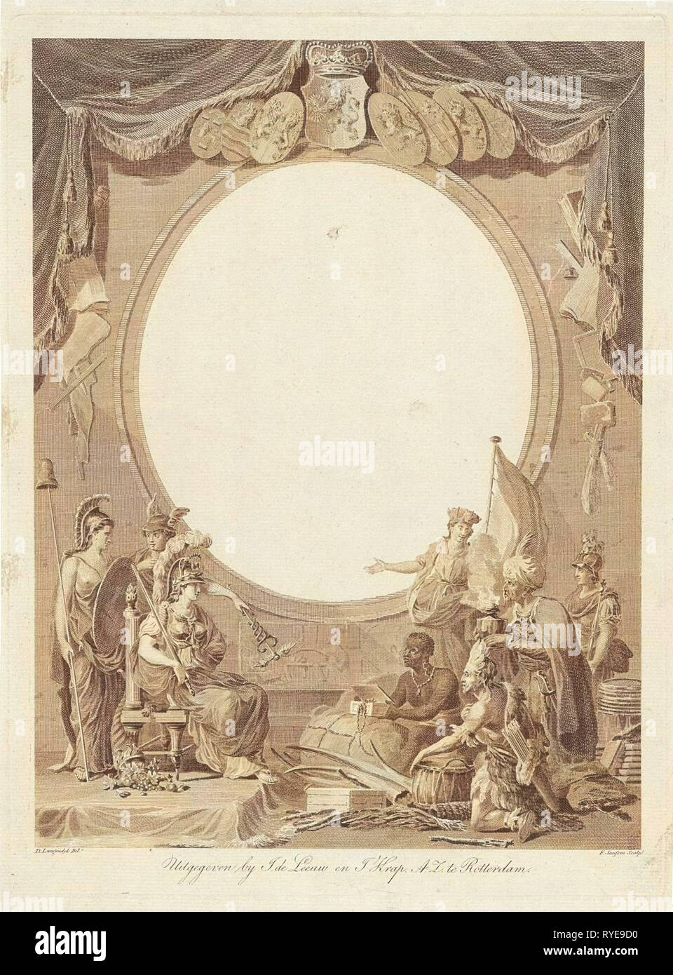 Over seas continents offer gifts to the Republic, Franciscus Sansom, Jan Krap Az, Jan de Leeuw publisher, 1784-1790 Stock Photo