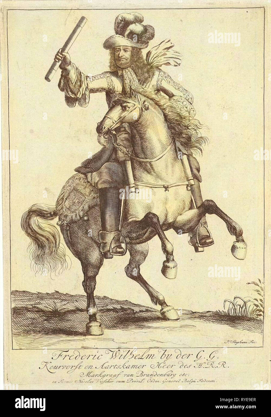 Equestrian Portrait of Frederick William, Elector of Brandenburg, print maker: Pieter Stevens 1689, Nicolaes Visscher I, Nicolaes Visscher II, 1640 - 1688 Stock Photo