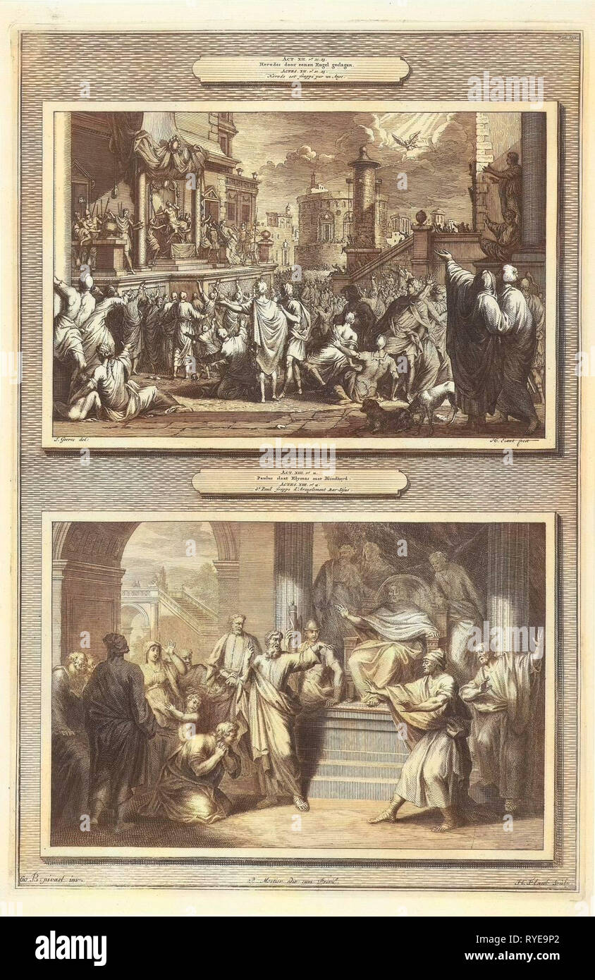 The death of Herod Agrippa and Paul beats BarJesus with blindness, print maker: Hendrik Elandt, Jan Goeree, Bernard Picart, 1700 - 1705 Stock Photo