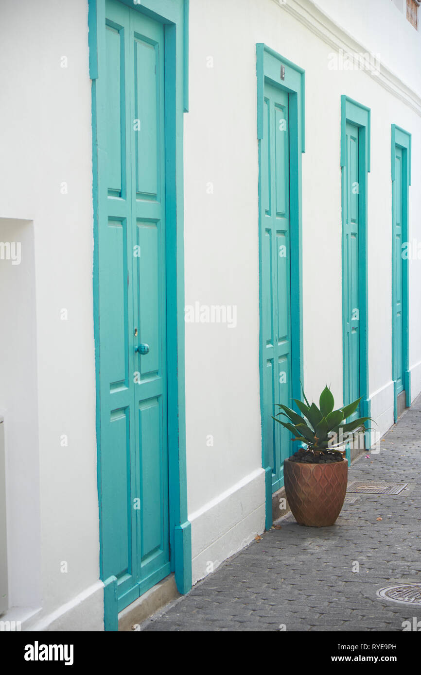 blue green doors,,Tijarafe, La Palma, Canary Islands, Europe Stock Photo