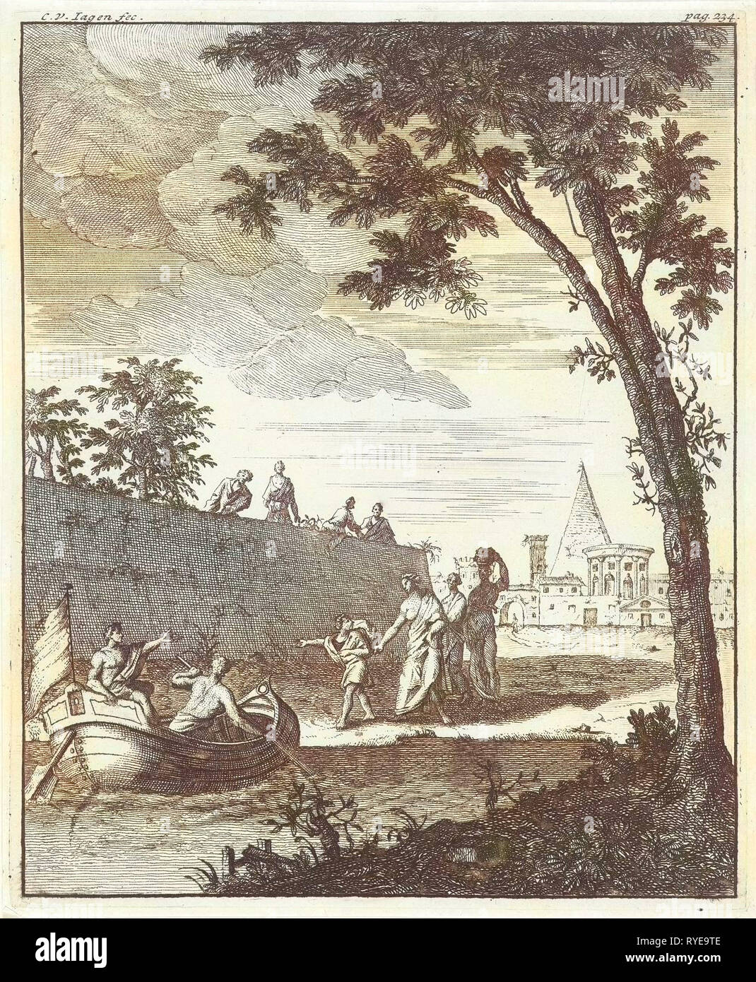 Landscape with boat, Cornelis van Jagen, 1706 - 1744 Stock Photo