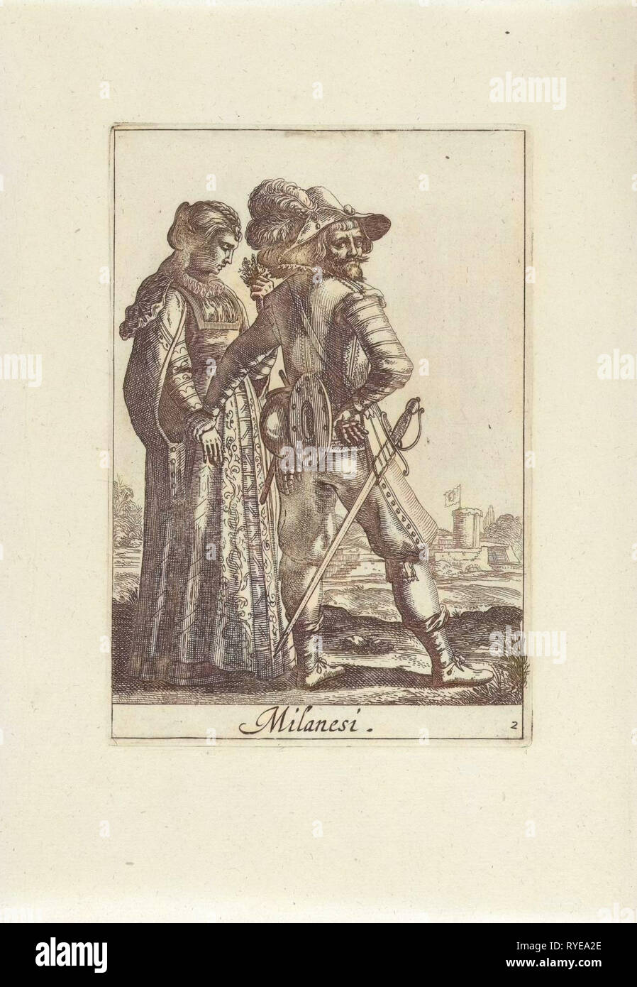 Couple dressed in the Milanese fashion, Pieter Lastman, Anonymous, Johannes Covens and Cornelis Mortier, 1720 - 1772 Stock Photo