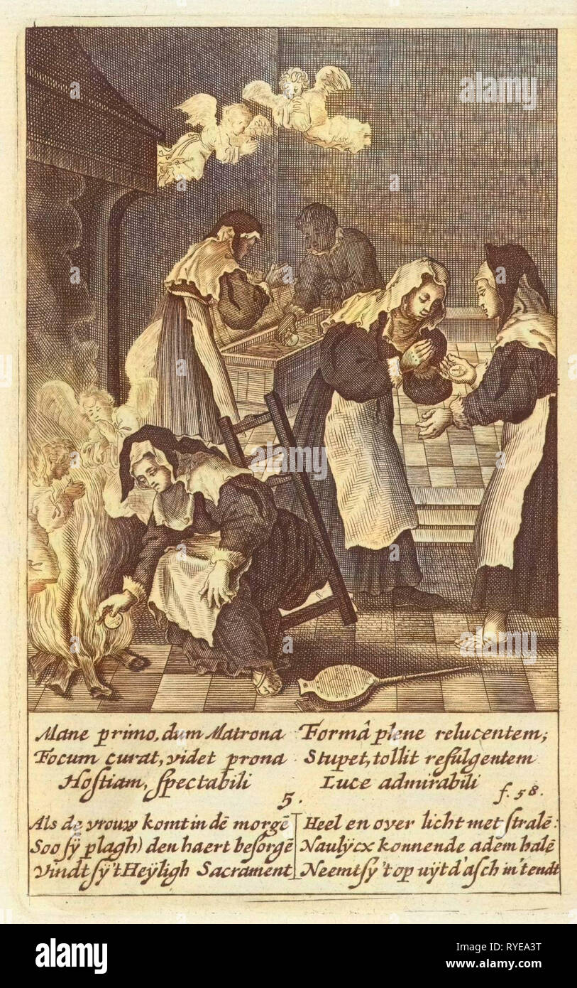 Woman finds the wafer in the fire, Boëtius Adamsz. Bolswert, Hendrik Aertssens, 1639 Stock Photo