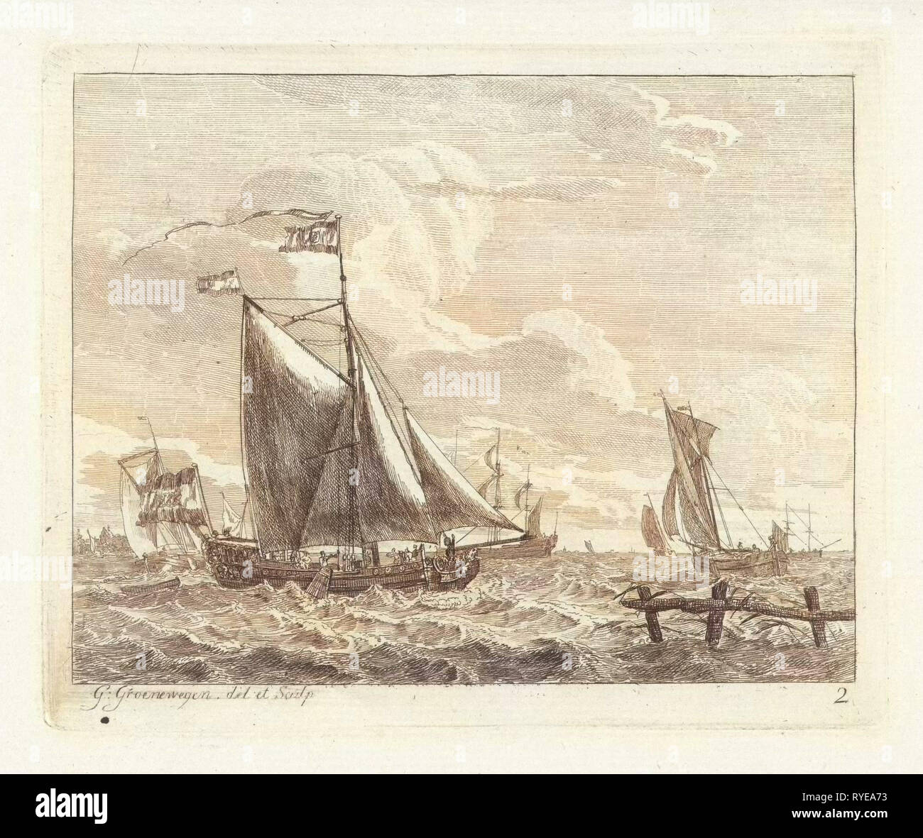 Eight sailing in rough seas, Gerrit Groenewegen, 1786 Stock Photo