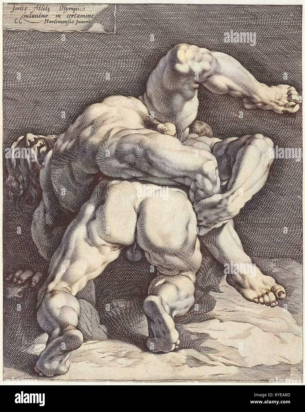 Two wrestlers, Jan Harmensz. Muller, 1588 - 1592 Stock Photo