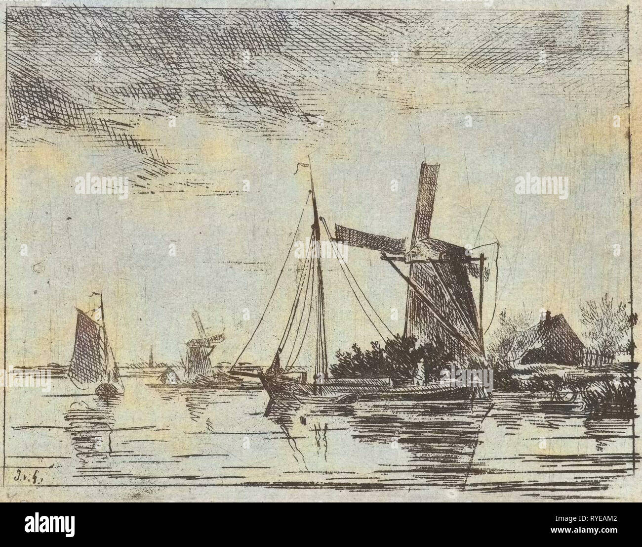 A river view with some boats, in the background a mill, print maker: Jacobus van Gorkom Jr. (mentioned on object), Dating 1860 Stock Photo
