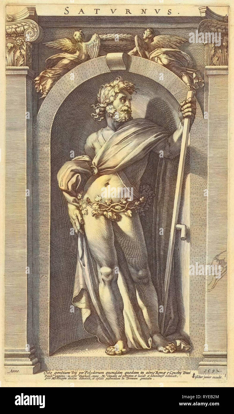 Saturn, standing in a niche, a scythe in his left hand, series of eight prints of classical gods, based on paintings by Polidoro da Caravaggio on the façade of a Roman house, seen by Goltzius in Rome Italy and redrawn, print maker: Hendrick Goltzius (mentioned on object), Dating 1592 and/or 1628 - 1709 Stock Photo