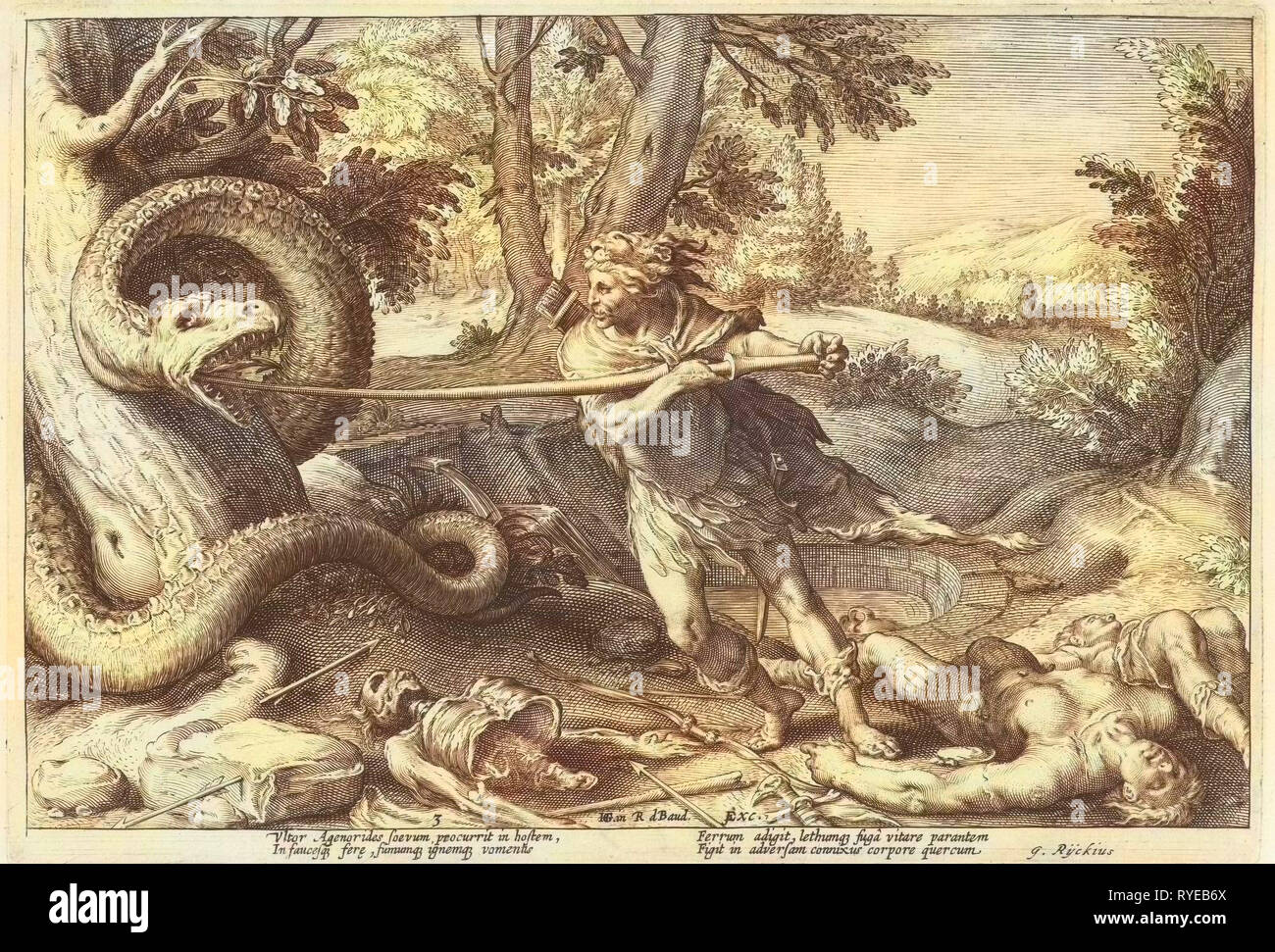 Cadmus kills the dragon, G. Rijckius, Robert de Baudous, 1615 Stock Photo