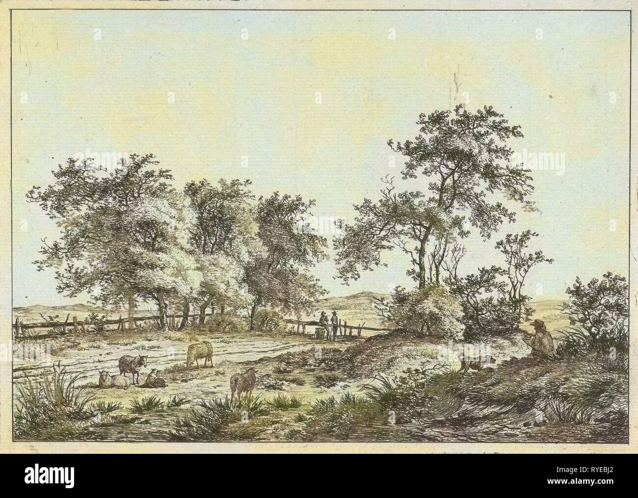 Landscape with cartoonist and dog, Hermanus Fock, 1781 - 1822 Stock Photo