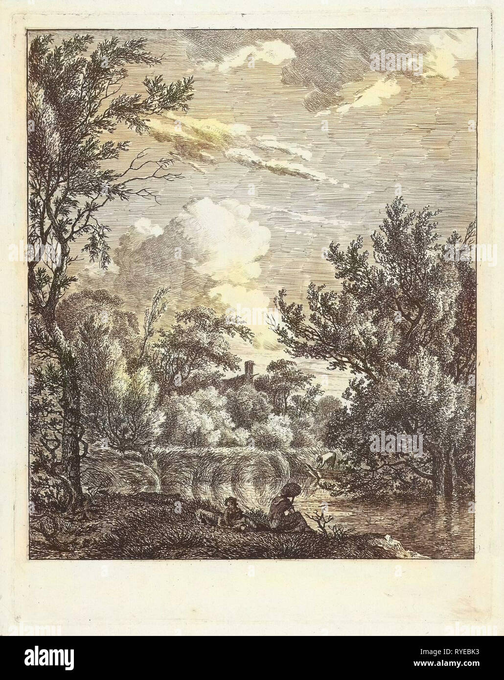 Landscape with woman at waterfront, Hermanus Fock, 1781 - 1822 Stock Photo