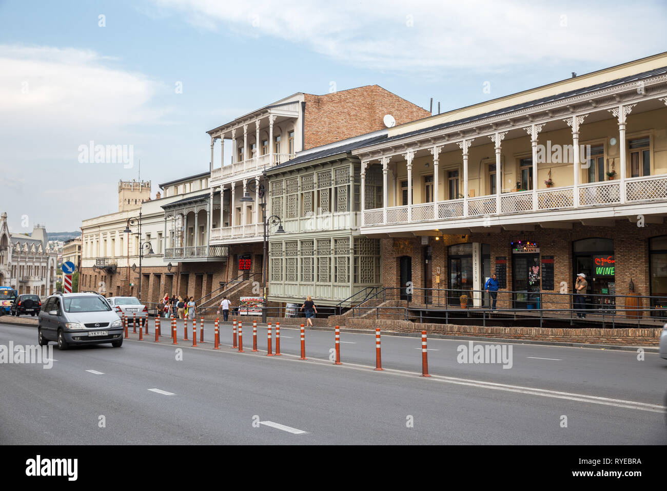 TBILISI, GEORGIA - SEPTEMBER 22, 2018: Views of Tbilisi, old houses with traditional carved balconies on Pushkin Street Stock Photo