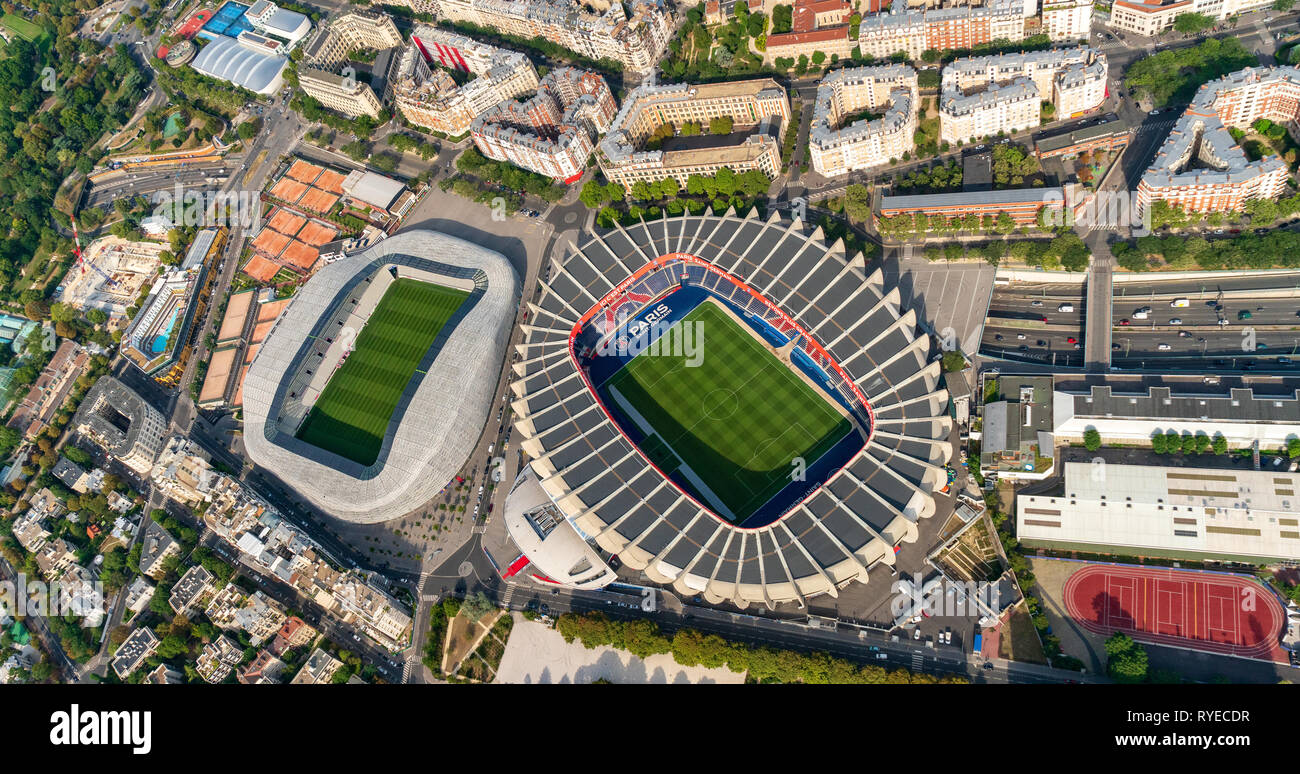 Aerial view of Stadion Le Parc des Princes & Stadion Jean Bouin, Paris Stock Photo
