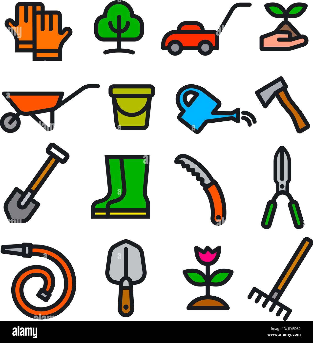 illustration of garden tools and equipment minimal style icon set Stock ...