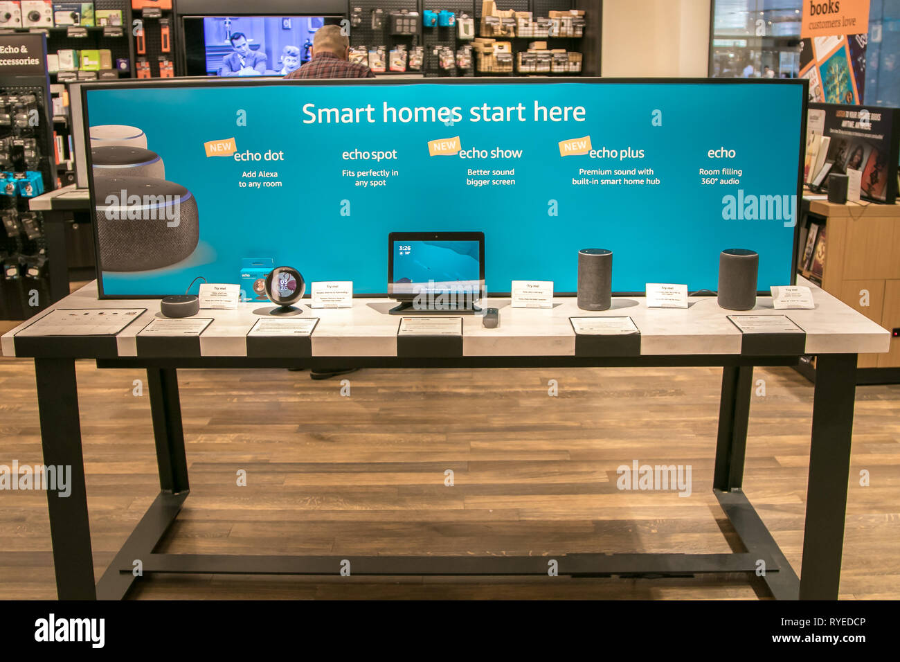 New York, 3/4/2019: Different Amazon Echo units are put on display at  Amazon Books store in Manhattan Stock Photo - Alamy