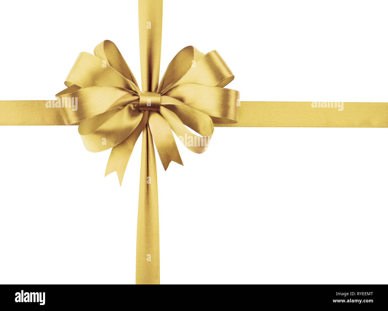 Golden sateen ribbon with bow as a gift symbol on white background. Stock Photo