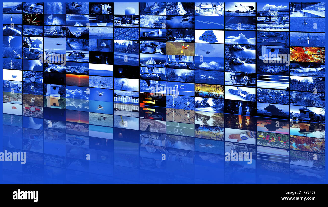 Big multimedia video wall widescreen Web streaming media TV Stock Photo